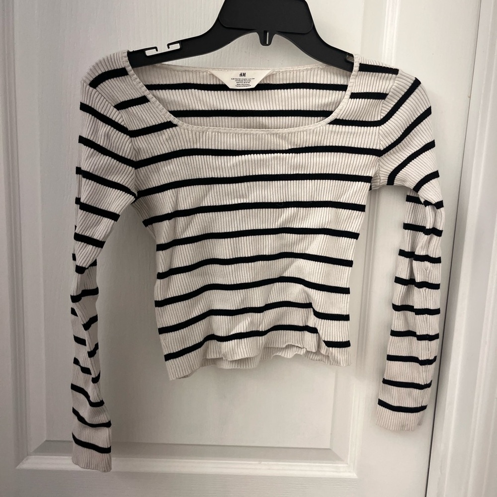 White and Black Striped Ribbed Long Sleeve with Square Neckline